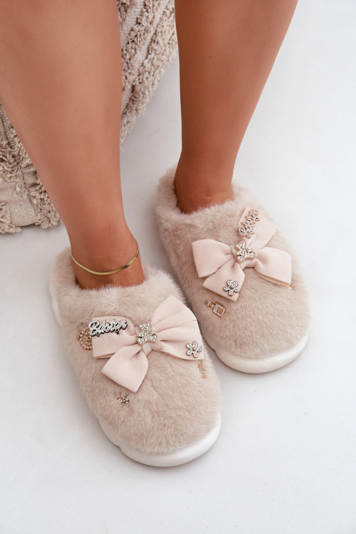 Slippers met strikken en bont in zandkleur Annalira