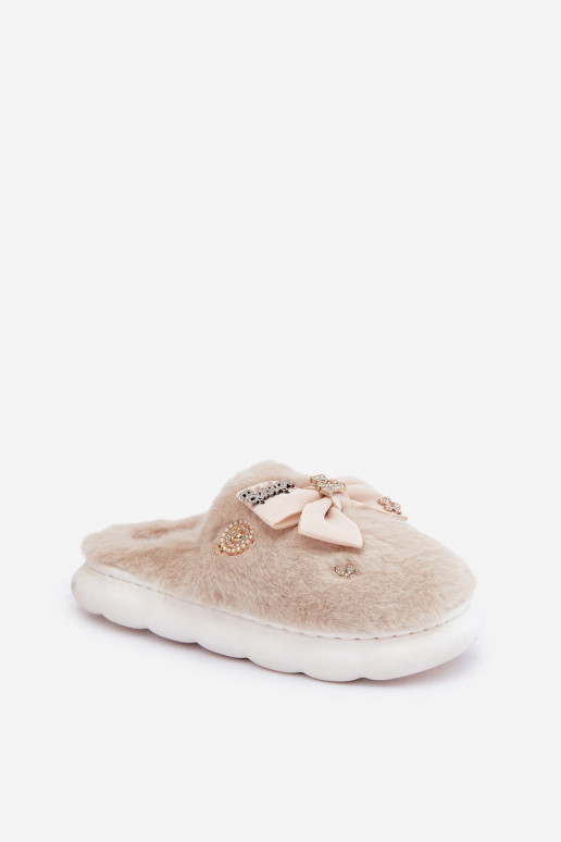 met bont Slippers met linten I Przypinkami beige Annalira met bont Slippers met linten I Przypinkami beige Annalira