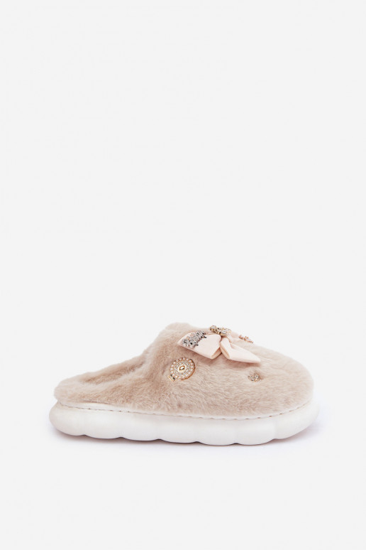Slippers met strikken en bont in zandkleur Annalira
