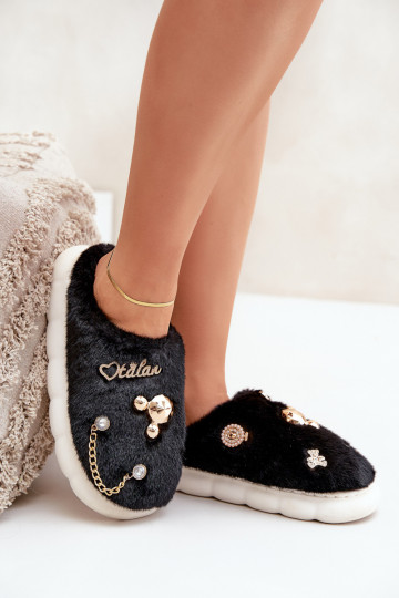 Slippers met strikken en bont in zwarte kleur Ivelfedi