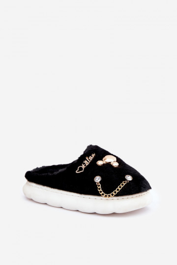 Slippers met strikken en bont in zwarte kleur Ivelfedi 2
