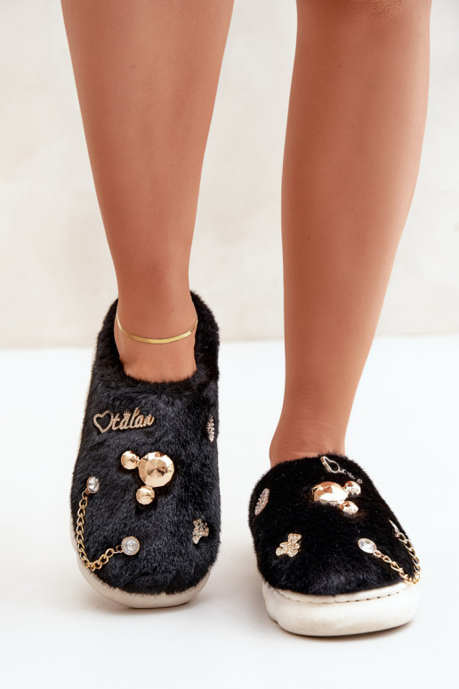 Slippers met strikken en bont in zwarte kleur Ivelfedi