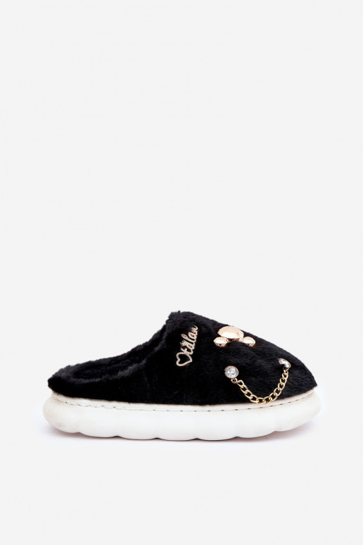 Slippers met strikken en bont in zwarte kleur Ivelfedi