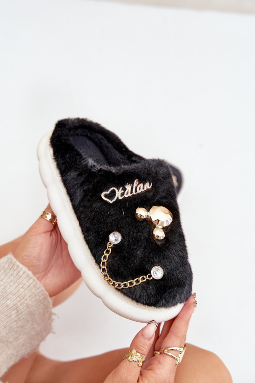 Slippers met strikken en bont in zwarte kleur Ivelfedi