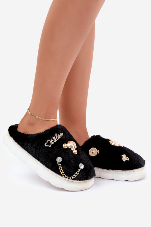 Slippers met strikken en bont in zwarte kleur Ivelfedi