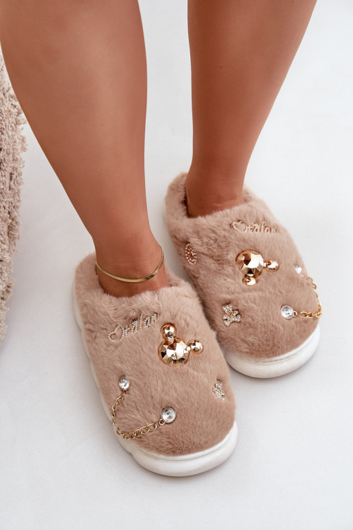 Slippers met strikken en bont in zandkleur Ivelfedi