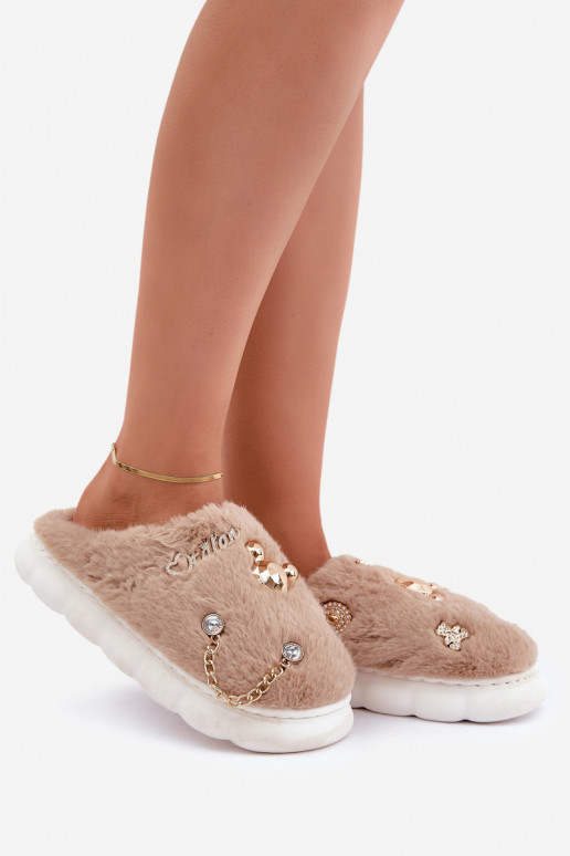 Slippers met strikken en bont in zandkleur Ivelfedi