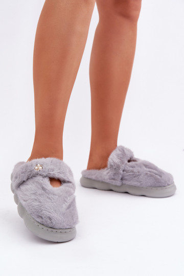 Dames slippers met bont en broche in grijs Primaria 2