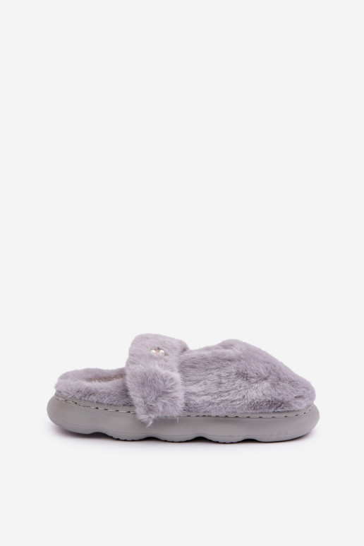 Dames slippers met bont en broche in grijs Primaria