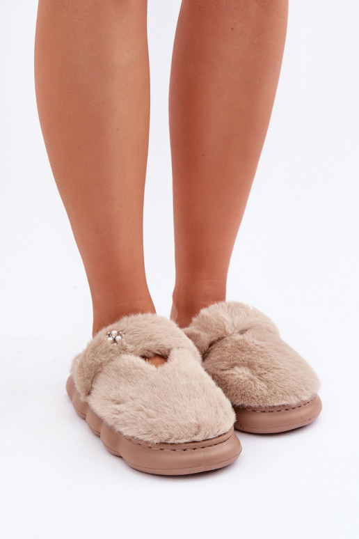 met bont Slippers Z Het heeftłą Broszką beige Primaria met bont Slippers Z Het heeftłą Broszką beige Primaria