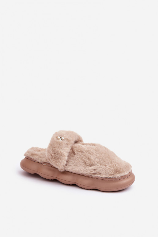 met bont Slippers Z Het heeftłą Broszką beige Primaria met bont Slippers Z Het heeftłą Broszką beige Primaria