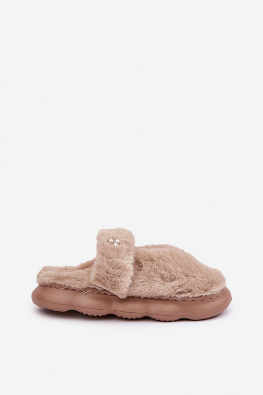 met bont Slippers Z Het heeftłą Broszką beige Primaria met bont Slippers Z Het heeftłą Broszką beige Primaria