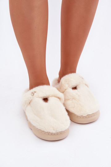Dames slippers met bont en broche in ivoorkleur Primaria 2