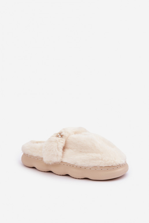 Dames slippers met bont en broche in ivoorkleur Primaria