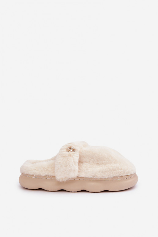 Dames slippers met bont en broche in ivoorkleur Primaria