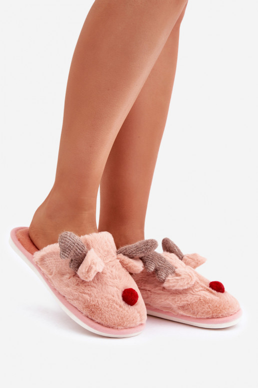 Dames slippers met bont en noordse rendierthema in roze Sennalith