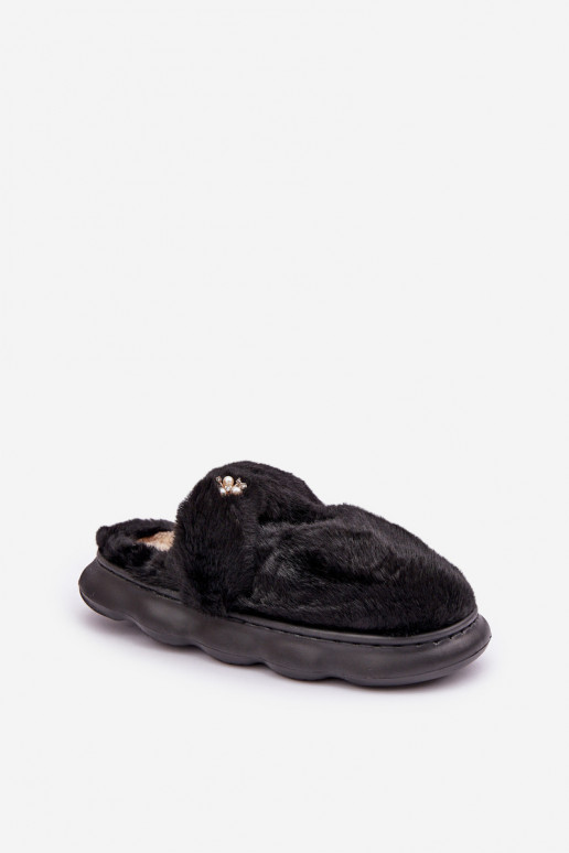 Dames slippers met bont en broche in zwart Primaria