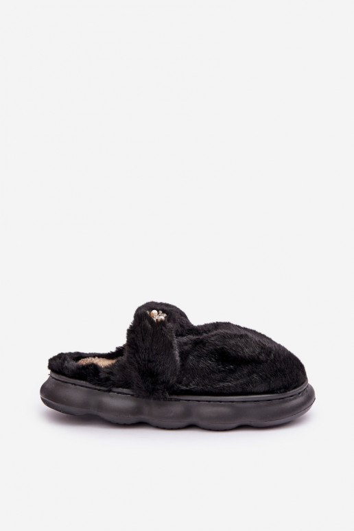 Dames slippers met bont en broche in zwart Primaria