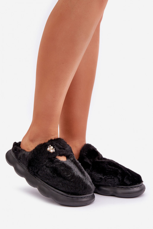 Dames slippers met bont en broche in zwart Primaria