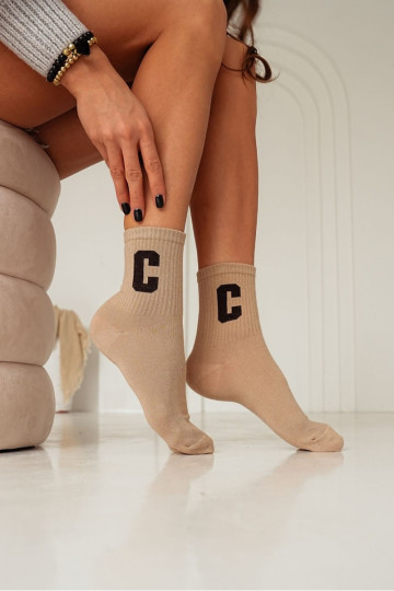 Beige Katoenen Dames Sokken met Letter C