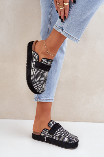 Dames slippers met decoratie van zirconia met platform zwarte kleur Deorani 2