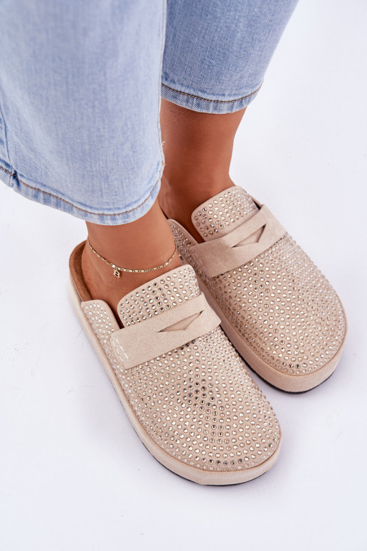 Damespantoffels Versierd Cyrkoniami met platform beige Deorani Damespantoffels Versierd Cyrkoniami met platform beige Deorani