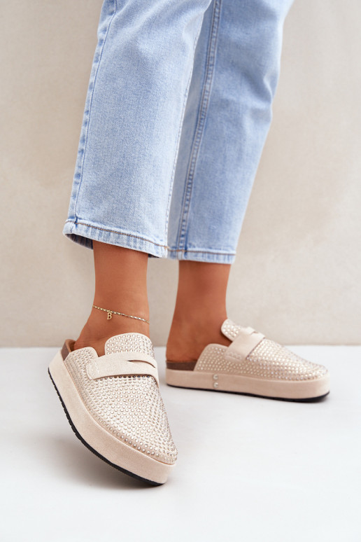 Damespantoffels Versierd Cyrkoniami met platform beige Deorani Damespantoffels Versierd Cyrkoniami met platform beige Deorani