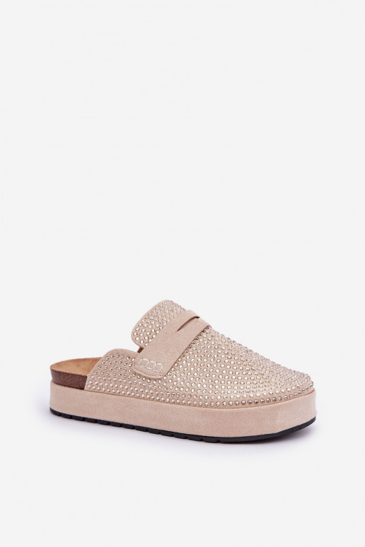 Damespantoffels Versierd Cyrkoniami met platform beige Deorani Damespantoffels Versierd Cyrkoniami met platform beige Deorani