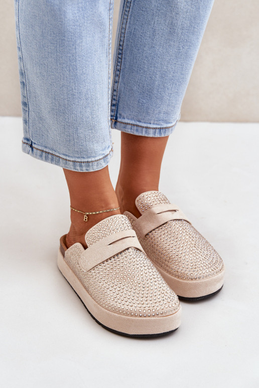 Damespantoffels Versierd Cyrkoniami met platform beige Deorani Damespantoffels Versierd Cyrkoniami met platform beige Deorani