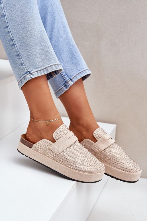 Damespantoffels Versierd Cyrkoniami met platform beige Deorani Damespantoffels Versierd Cyrkoniami met platform beige Deorani