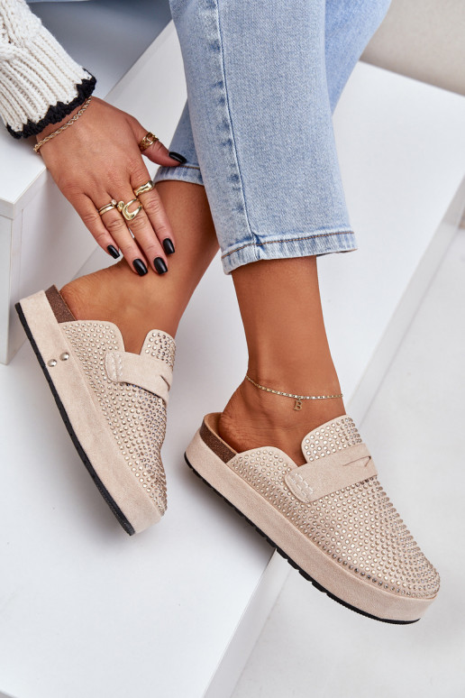 Damespantoffels Versierd Cyrkoniami met platform beige Deorani Damespantoffels Versierd Cyrkoniami met platform beige Deorani