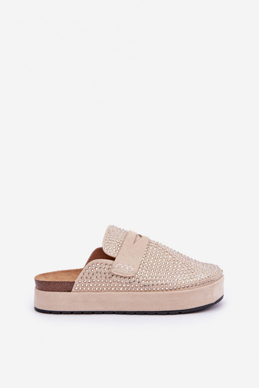Damespantoffels Versierd Cyrkoniami met platform beige Deorani Damespantoffels Versierd Cyrkoniami met platform beige Deorani