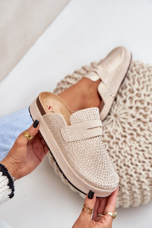 Damespantoffels Versierd Cyrkoniami met platform beige Deorani Damespantoffels Versierd Cyrkoniami met platform beige Deorani