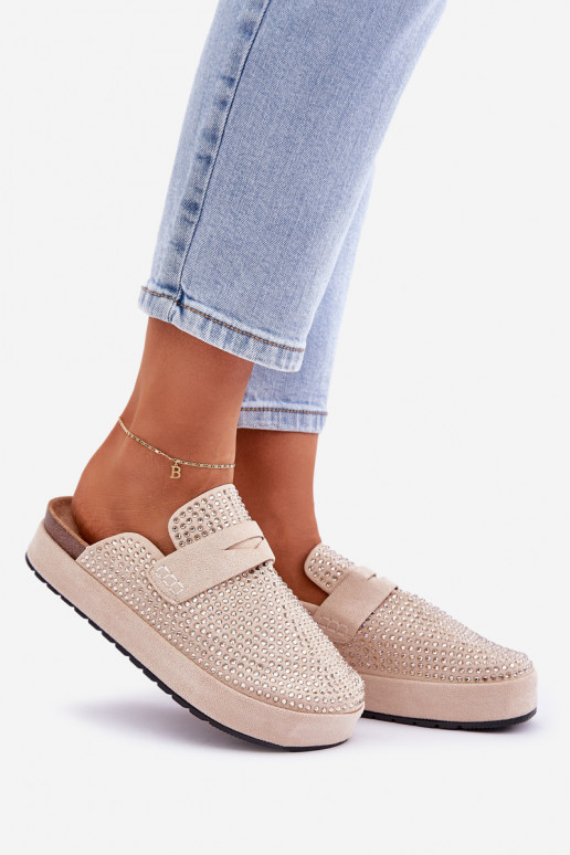 Damespantoffels Versierd Cyrkoniami met platform beige Deorani Damespantoffels Versierd Cyrkoniami met platform beige Deorani