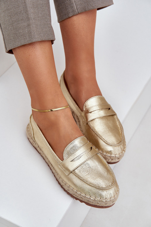 Espadrilles Met JutoIna Plecionką Op een platte zool gouden kleur Shilova