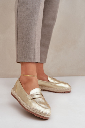 Espadrilles Met JutoIna Plecionką Op een platte zool gouden kleur Shilova 2