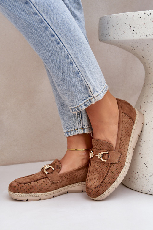 met elementen van opengeInerkt Mocassins Ze gouden kleurm Detalem I JutoIną Plecionką bruine kleur Lainer