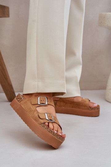 Damespantoffels met platform met gespen bruine kleur Aramia
