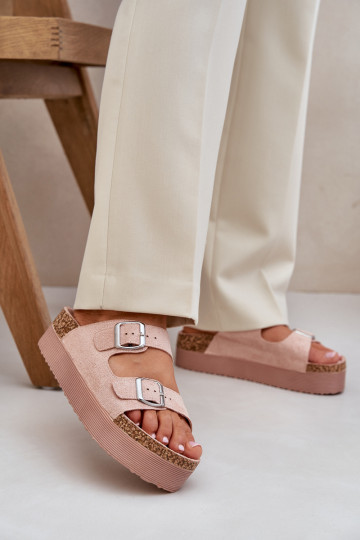 Damespantoffels met platform met gespen roze Aramia
