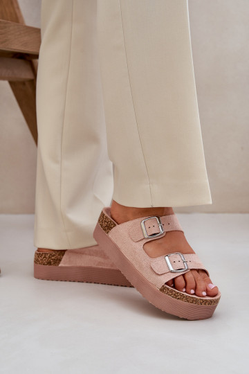 Damespantoffels met platform met gespen roze Aramia 2
