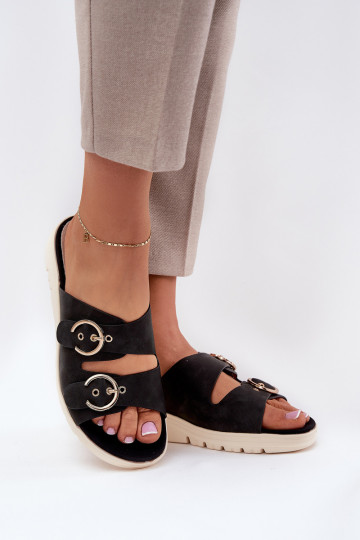 dames slippers op hak met gespen zwart Hellexia 2