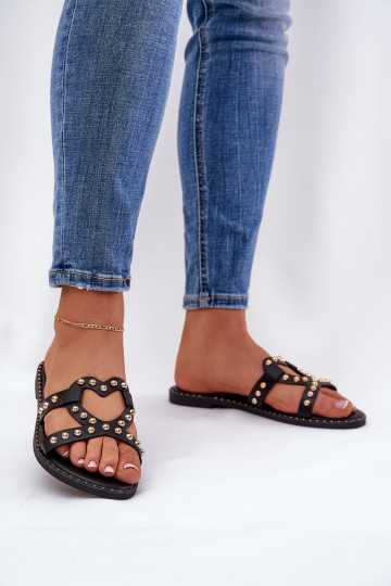 gedecoreerde platte dames slippers zwart Adivrae 2