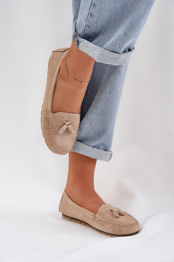 Dames plat Klassieke suède loafers S.Barski LR51-548 beige