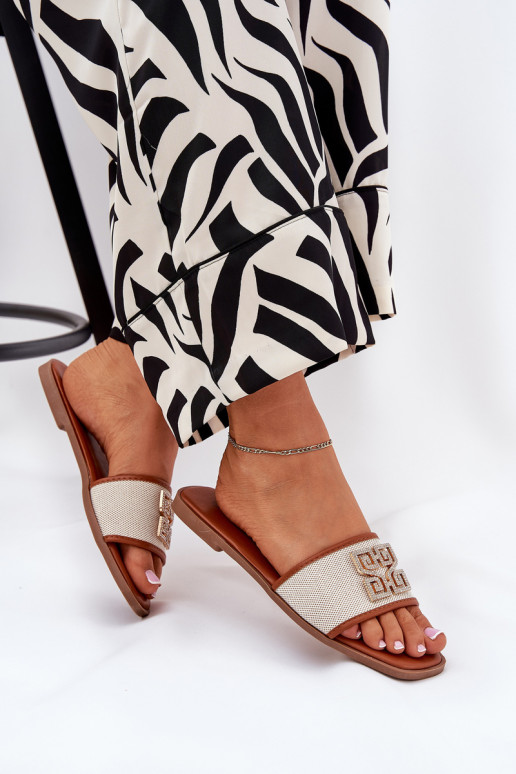 Elegante stijl Damespantoffels met ornamenten met brede hakken bruine kleur Lovehia