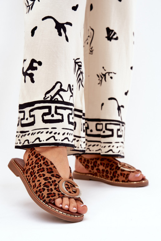 Platte sandalen met ornamenten met luipaardbontpatronen bruine kleur Haliones