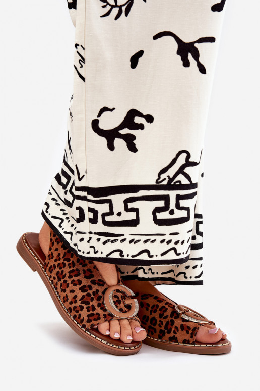 Platte sandalen met ornamenten met luipaardbontpatronen bruine kleur Haliones