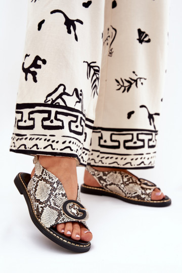 Gelijke sandalen met ornamenten in zandkleur-bruin met slangenprint Haliones