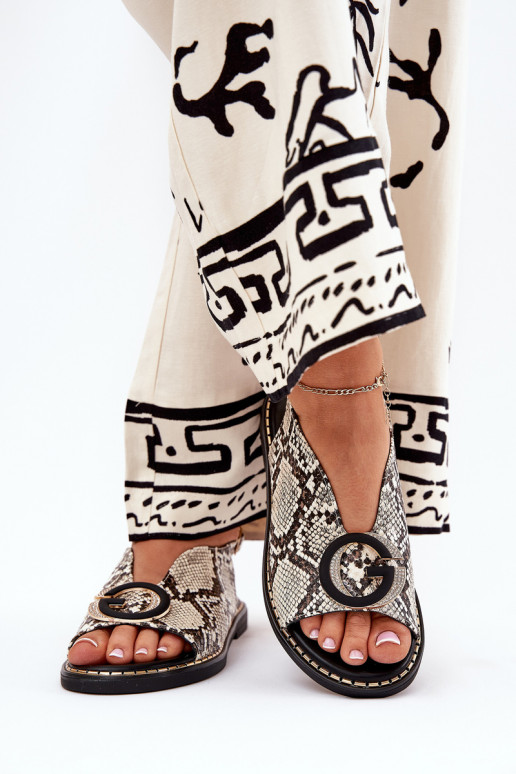 Platte sandalen met ornamenten slangenpatronen beige-bruine kleur Haliones