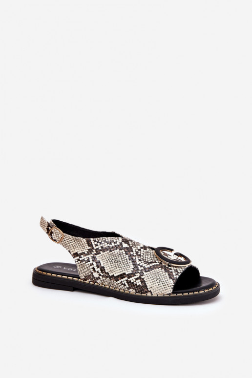 Platte sandalen met ornamenten slangenpatronen beige-bruine kleur Haliones