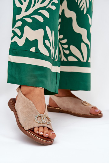 Dames sandalen met ornamenten en brede hakken van eco-suède in zandkleur Ralisses
